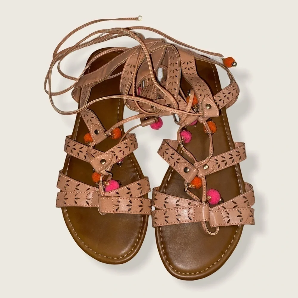 Madden Girl gladiator sandals laser cut decor lace up w/poms flats size 9